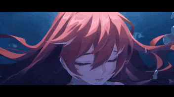 a girl with red hair is swimming in the water with her eyes closed