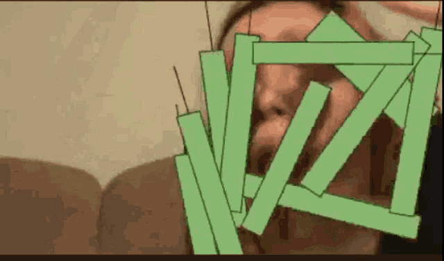 a person is covering their face with green sticks