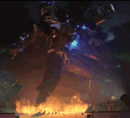 a giant robot is surrounded by flames and smoke