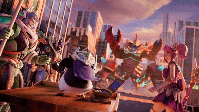a group of animated characters are standing around a table with a laptop on it