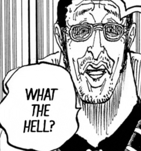 a black and white drawing of a man with glasses and a beard saying what the hell .