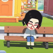 a cartoon character is sitting on a wooden bench with her eyes closed .