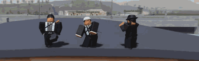 three roblox characters are dancing on a bridge in front of a green mcdonald 's store