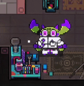 a pixel art monster is standing in a room next to a table with a key .