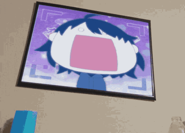 a framed picture of a cartoon character with a purple background
