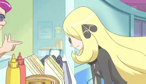 a cartoon character with long blonde hair is standing in front of a table with condiments .