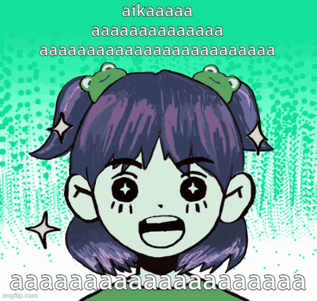 a drawing of a girl with two frogs in her hair and the words " aikaaaa " on the bottom