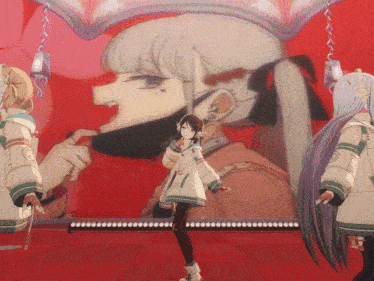 three anime girls are standing in front of a large picture of a woman