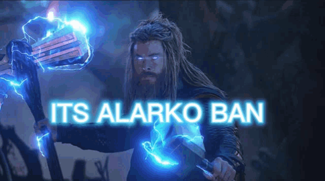 a picture of thor holding a hammer with the words " its alarko ban " below him