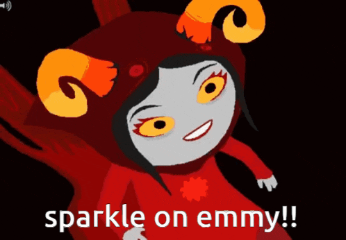 a cartoon character with horns and the words sparkle on emmy below it