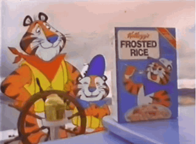 tony the tiger is driving a boat next to a box of frosted rice .