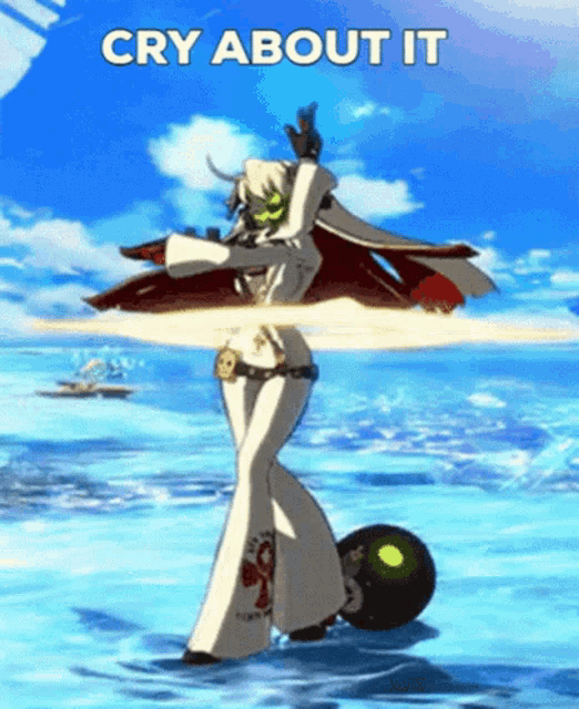 a cartoon character is standing in the water with the words cry about it above her