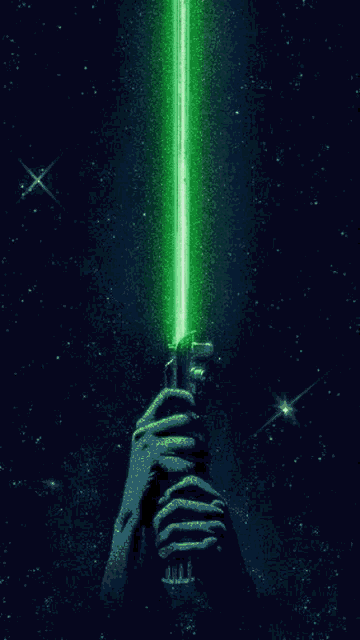 a person is holding a green light saber in their hands