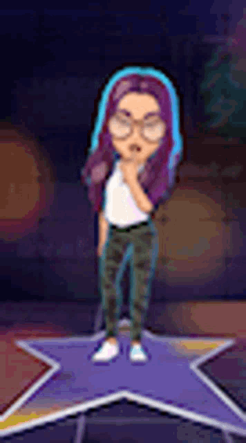 a cartoon girl with purple hair is standing on a star on a stage .