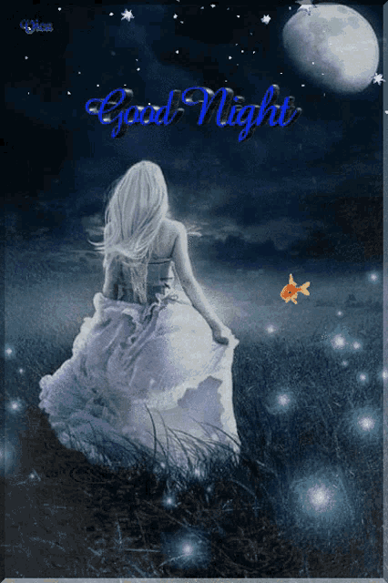 a woman in a purple dress is standing in a field with the words good night written above her
