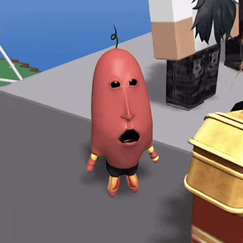 a red cartoon character with a surprised expression on his face