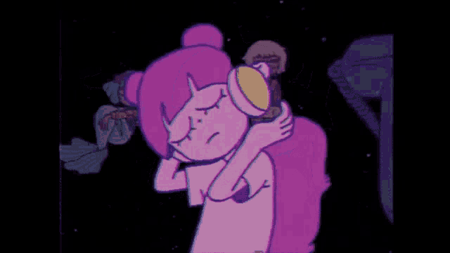 a cartoon girl with pink hair is listening to music with headphones in a dark room .