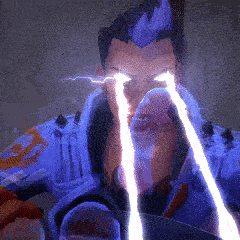 a man with lightning coming out of his eyes is wearing a blue jacket