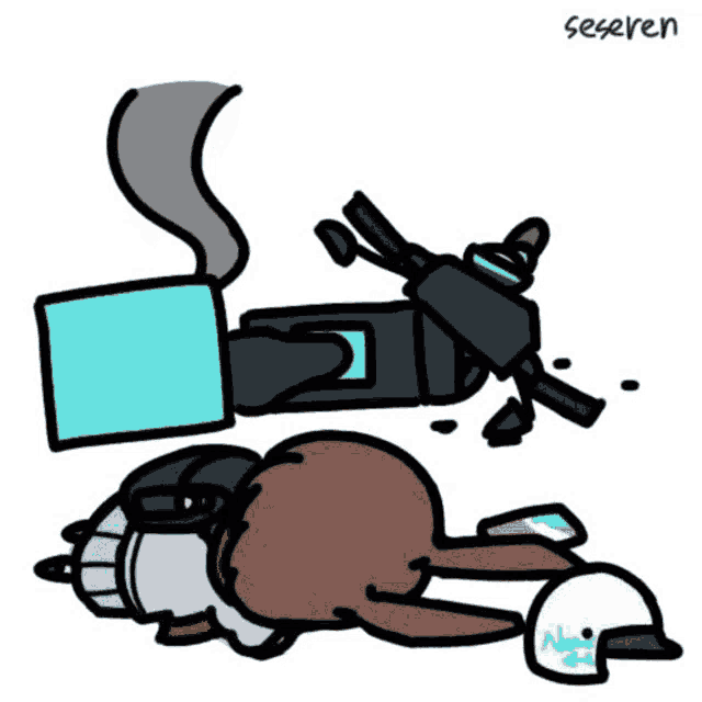 a cartoon of a rabbit laying on the ground with a helmet and a gun