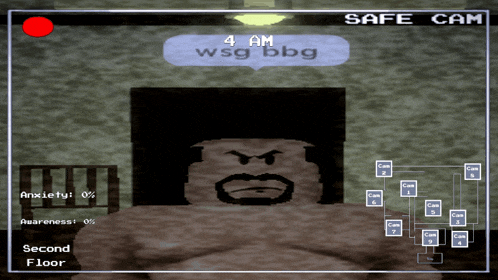 a video game screen shows a man with a beard and says safe cam at the top