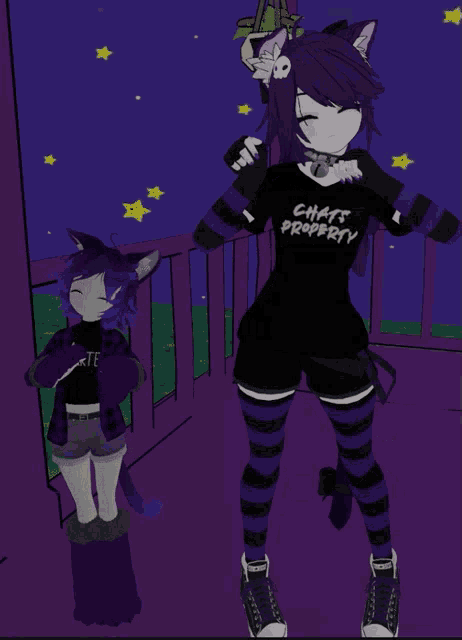a girl with purple hair is wearing a black shirt that says chats property