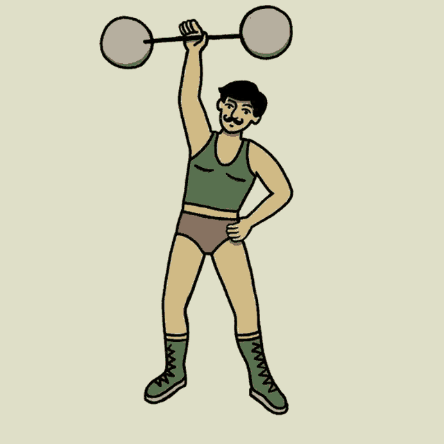 a cartoon drawing of a man lifting weights
