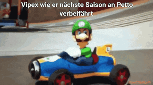 a cartoon of a man driving a toy car with the words vipex wie er nachste saison an petto verbeifahrt on the bottom