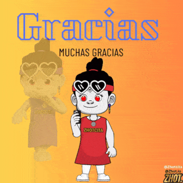 a cartoon of a girl holding a cell phone with the words gracias muchas gracias thank you below her