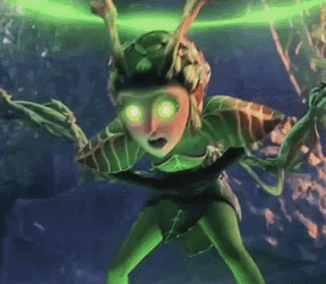 a cartoon character with green eyes and a helmet is swimming in the water .