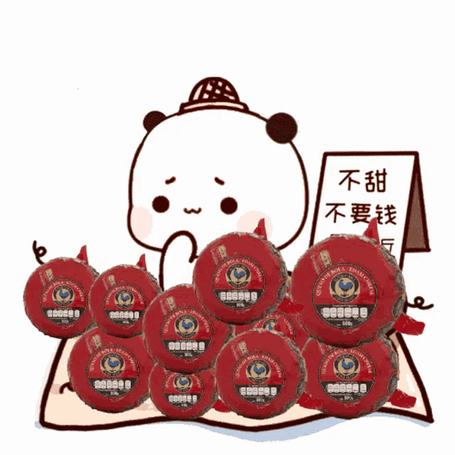 a cartoon of a panda holding a sign that says " no sweet no money "