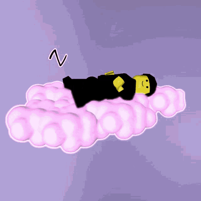 a lego character is sleeping on a pink cloud with the letter z above him
