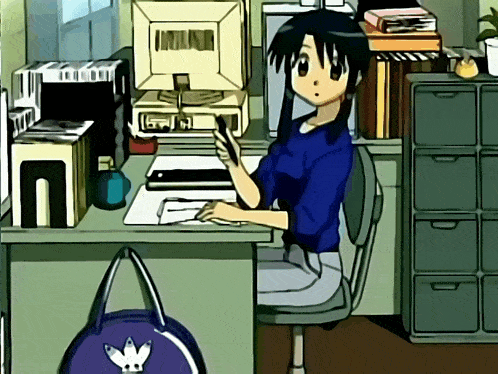 a cartoon drawing of a girl sitting at a desk with a computer