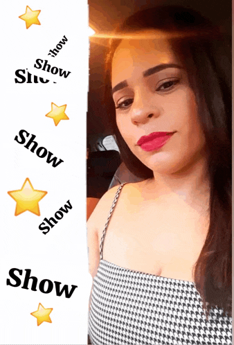 a woman 's face is surrounded by stars and the words show