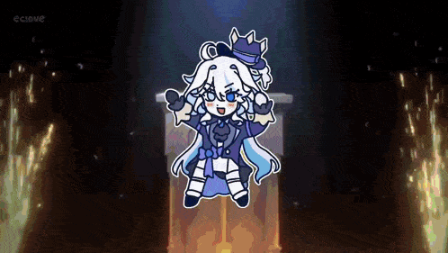 a cartoon of a girl with long white hair and a top hat is standing in front of a fire .