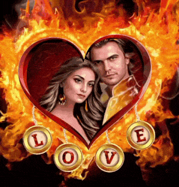 a picture of a man and a woman in a heart with the word love surrounded by fire