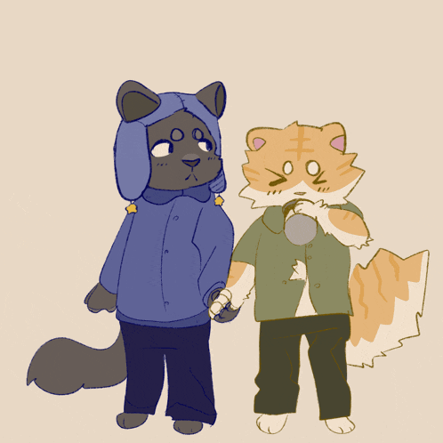 a drawing of two cats holding hands with one wearing a jacket