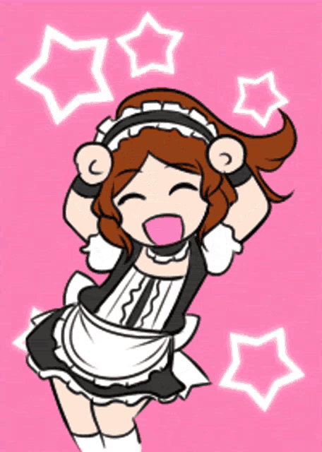 a cartoon girl in a maid outfit is surrounded by stars on a pink background
