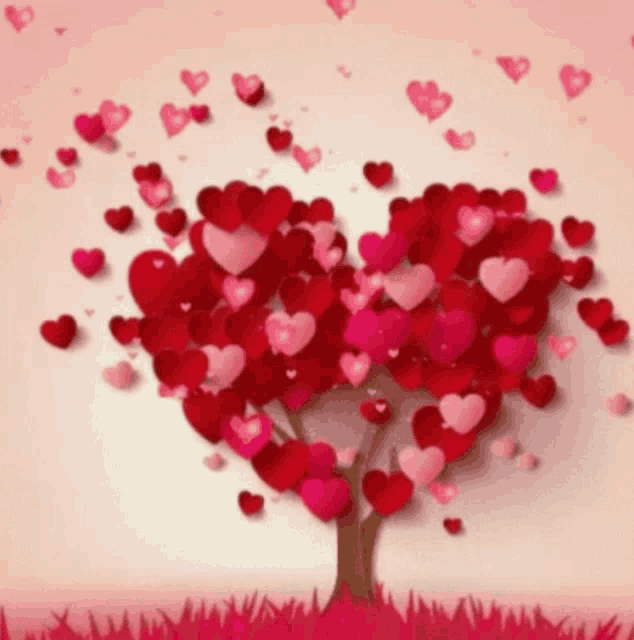 a tree made out of hearts is surrounded by pink hearts