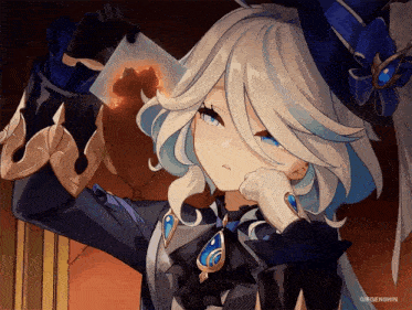 a girl with white hair and blue eyes is holding a piece of paper with a picture of a cat on it