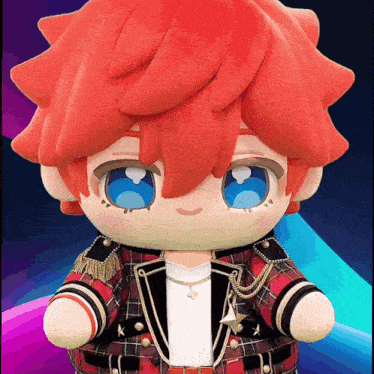 a stuffed doll with red hair and blue eyes is wearing a plaid jacket