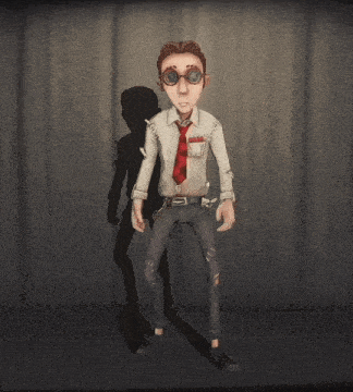a cartoon character is standing in front of a curtain with a shadow behind him .