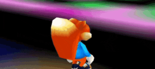a cartoon character with a squirrel tail on his back