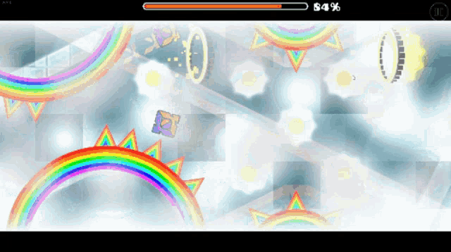 a screenshot of a video game with a rainbow and a sun