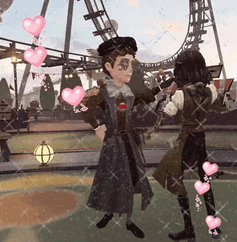 a couple of cartoon characters standing in front of a roller coaster with hearts around them