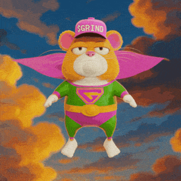 a cartoon character wearing a cape and a hat that says grind