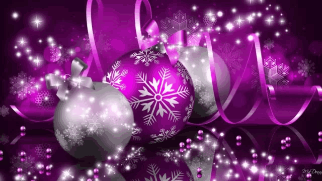 purple and silver christmas ornaments with snowflakes on them on a purple background