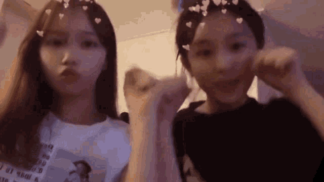 two girls are standing next to each other with hearts on their heads .
