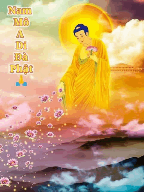 a painting of a buddha holding a lotus flower surrounded by flowers .