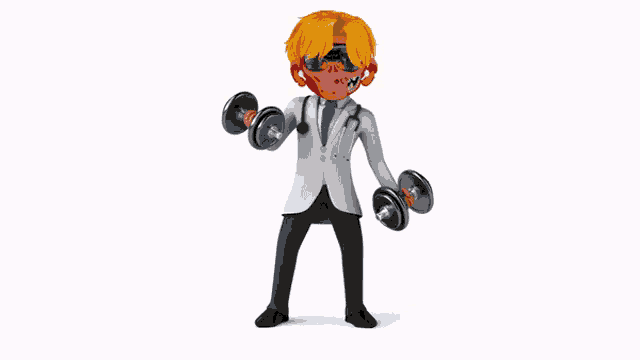 a cartoon doctor is holding dumbbells and wearing a mask
