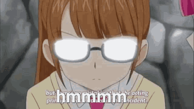 a close up of a girl wearing glasses with the words but hmm written on the bottom of the image